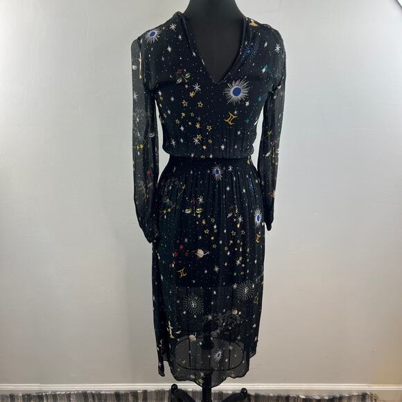 ZARA Black Celestial Dress Galaxy Back Button Waist Smocked Jewel Neck Size XS - Picture 2 of 8